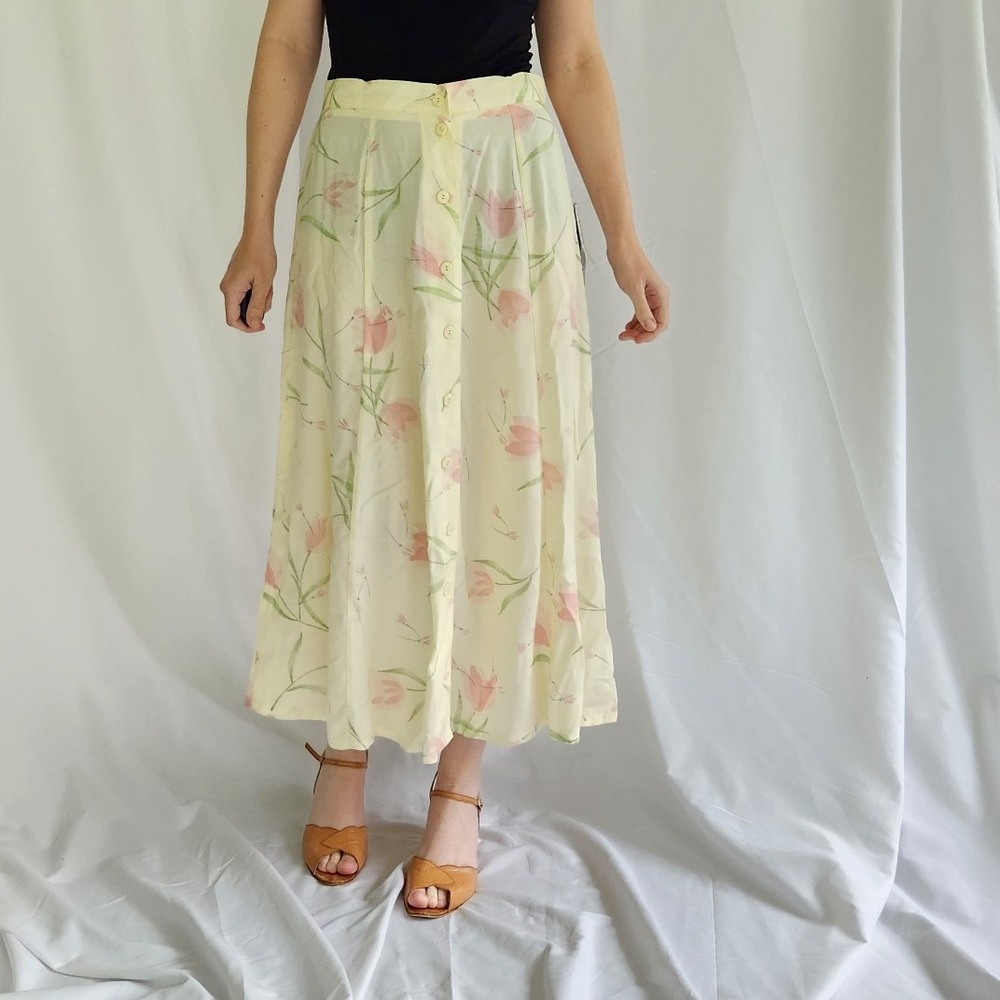 90s Deadstock Yellow Tulip Print Button Down Skirt‎
